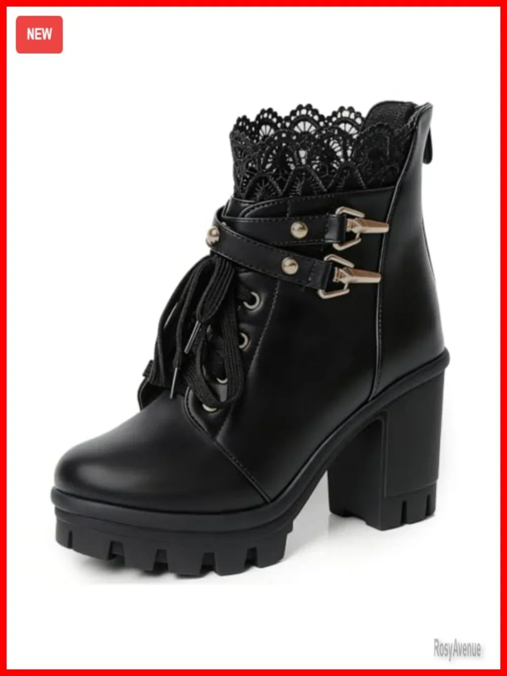 Chunky Heel Ankle Booties with Buckle Rivets Platform Combat Boots for Women